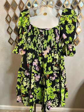 MWT Big Hit Fashion Black Floral Smocked Mini Dress with Puff Sleeves